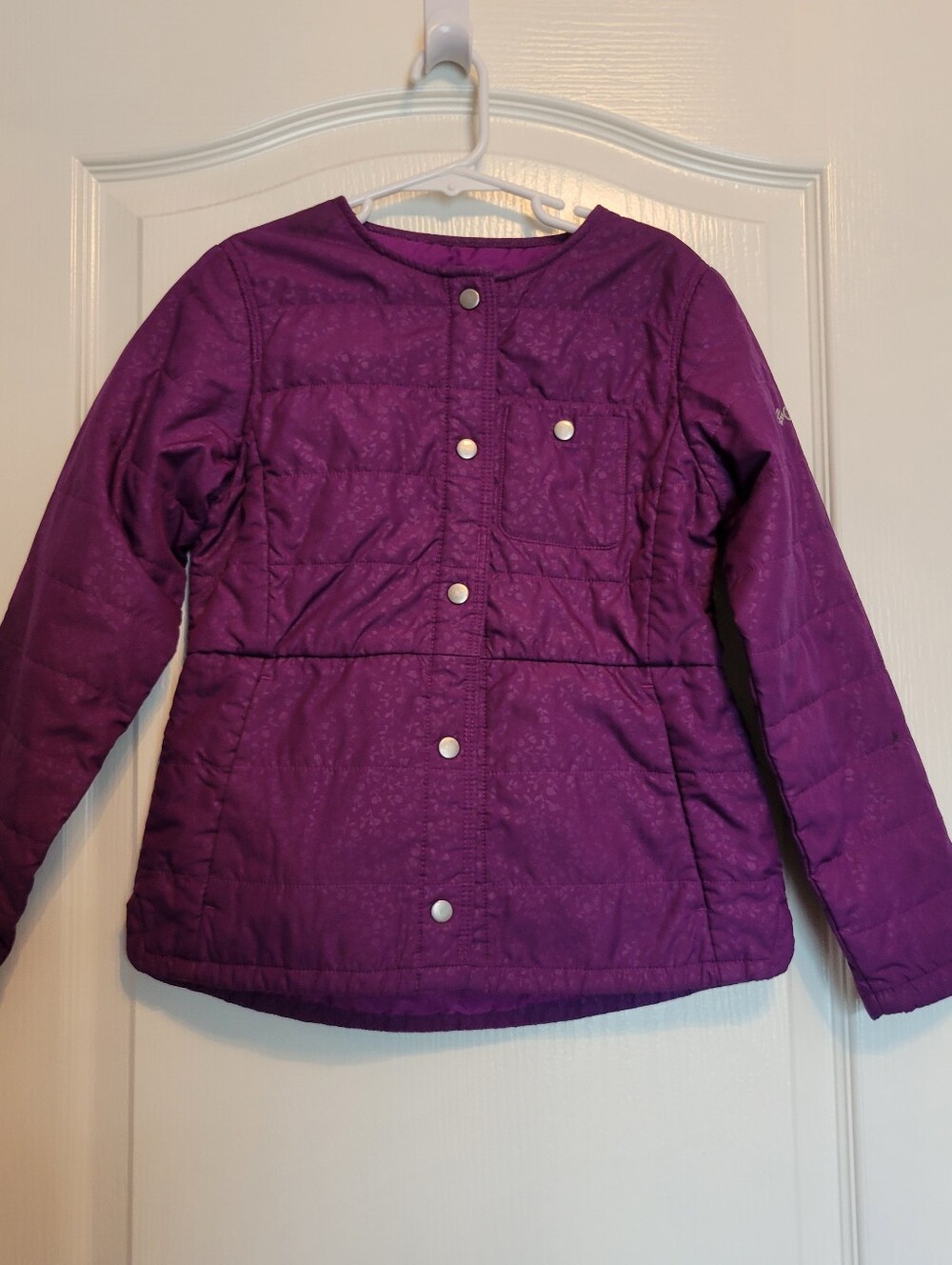 Columbia Girl’s Purple Quilted Jacket With Snap Close & Pockets Size Small